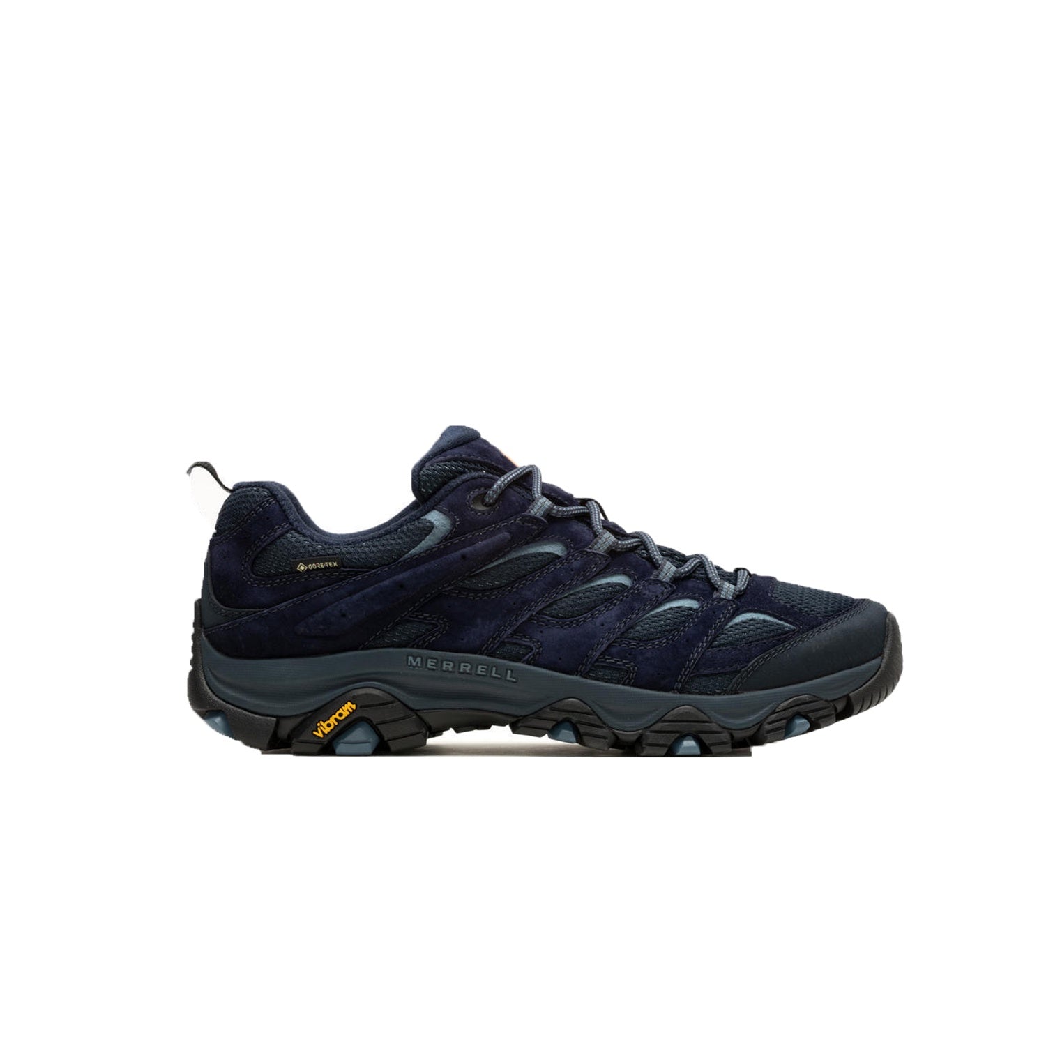 Navy hiking shoe with brand logo on a white background