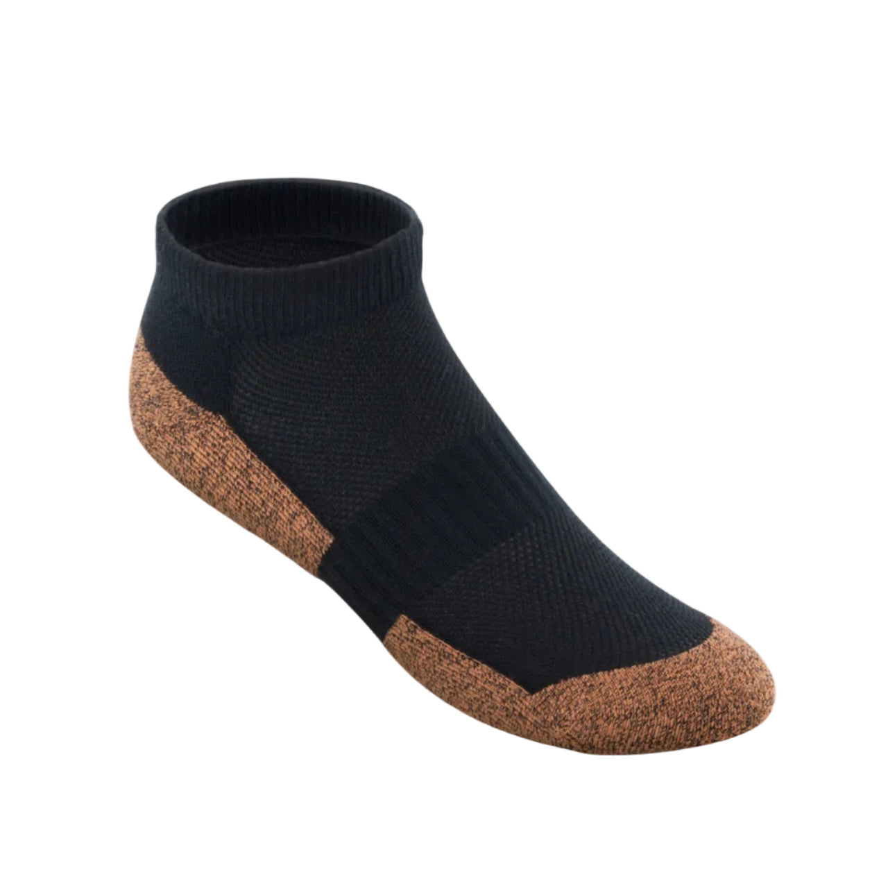 Black ankle sock with brown sole on a light gray background