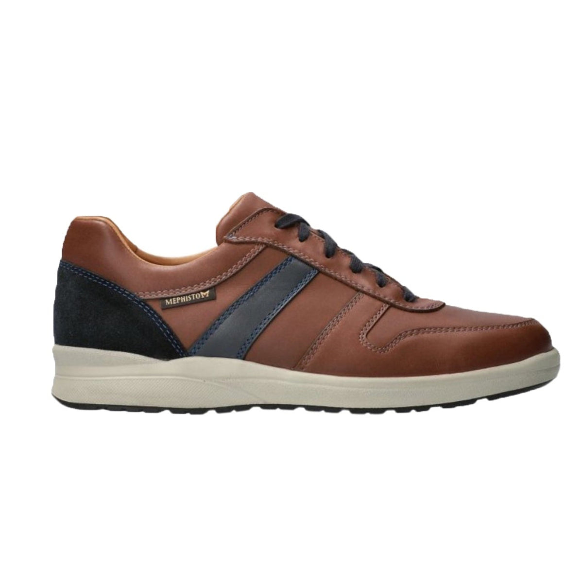 Brown sneaker with navy accents on a white background