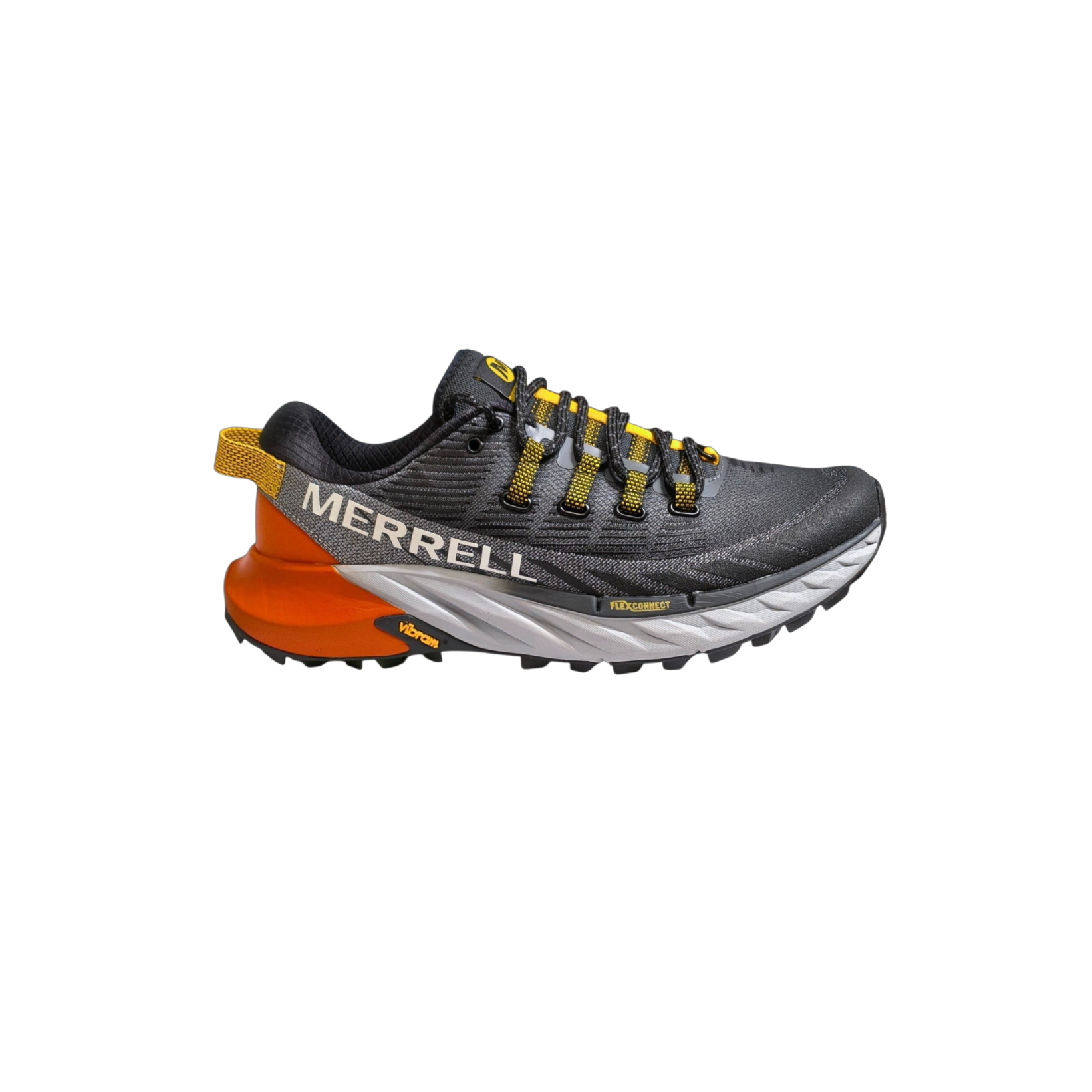Merrell hiking shoe with gray, orange, and yellow design on a white background